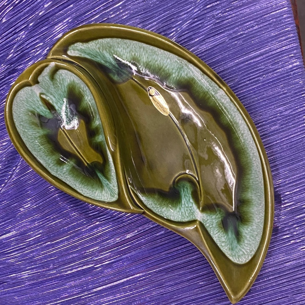MCM Santa Anita ware green Drip Glaze ceramicLeaf Divided Serving with original